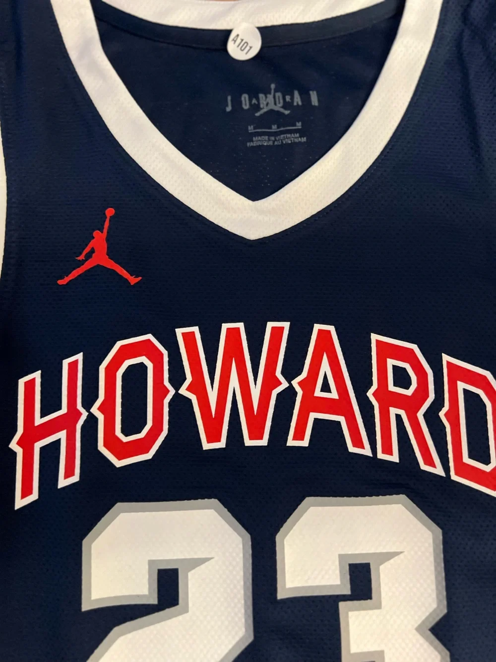 Jordan Navy Blue Howard #23 Basketball Jersey with White and Red Accents